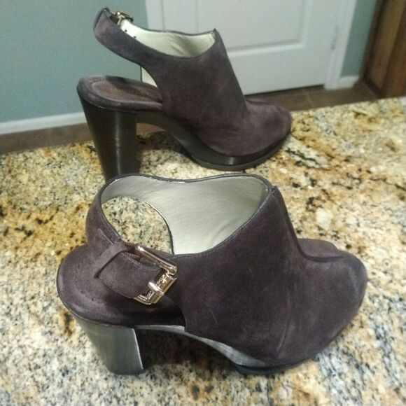 Michael Kors Chunky High Heels Brown Suede Leather Buckle Back Mules Womens 8 - Picture 4 of 12
